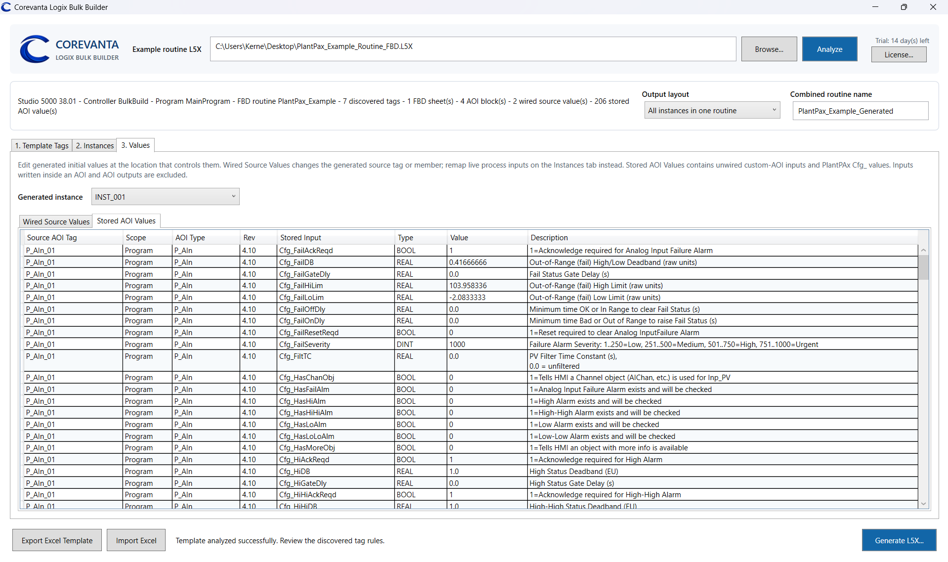 Corevanta Logix Bulk Builder showing editable PlantPAx AOI configuration values