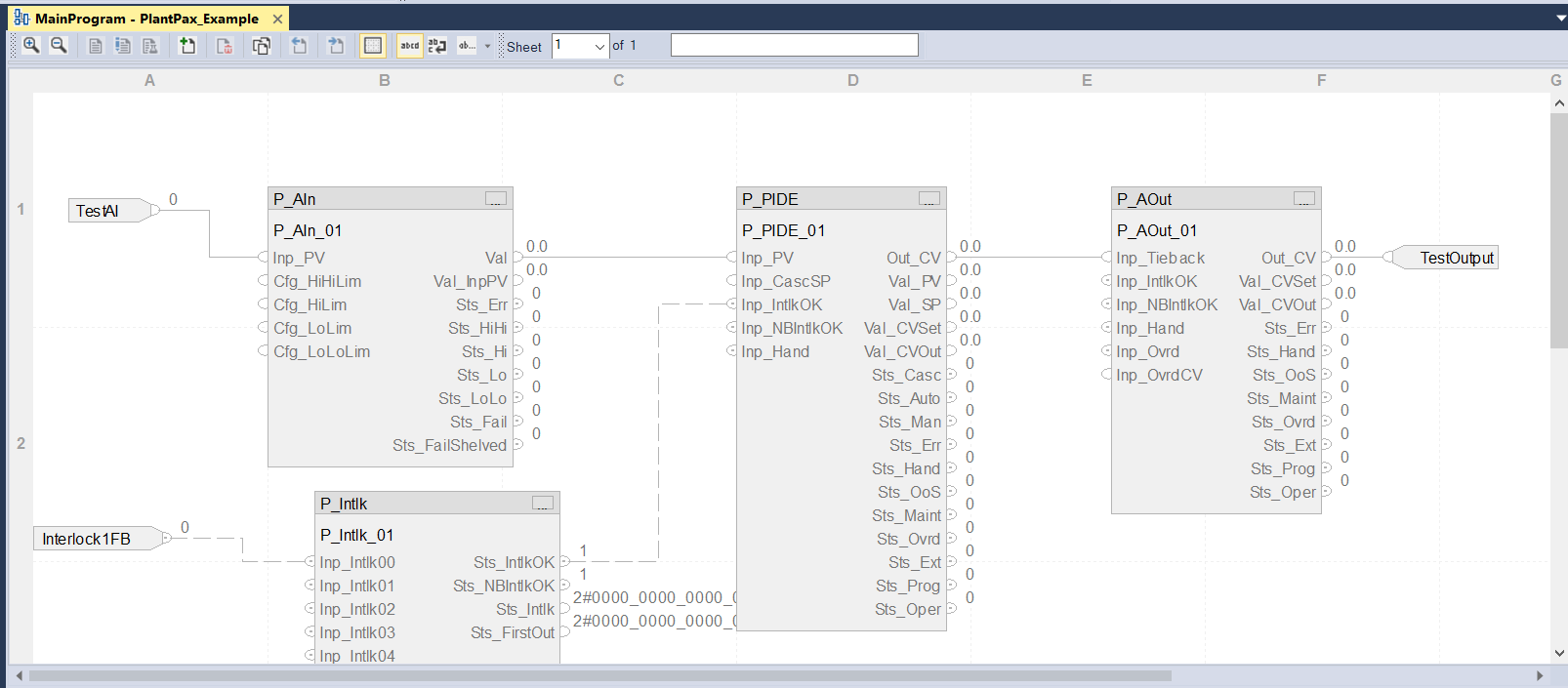 Studio 5000 function block routine containing PlantPAx P_AIn, P_Intlk, P_PIDE, and P_AOut instructions
